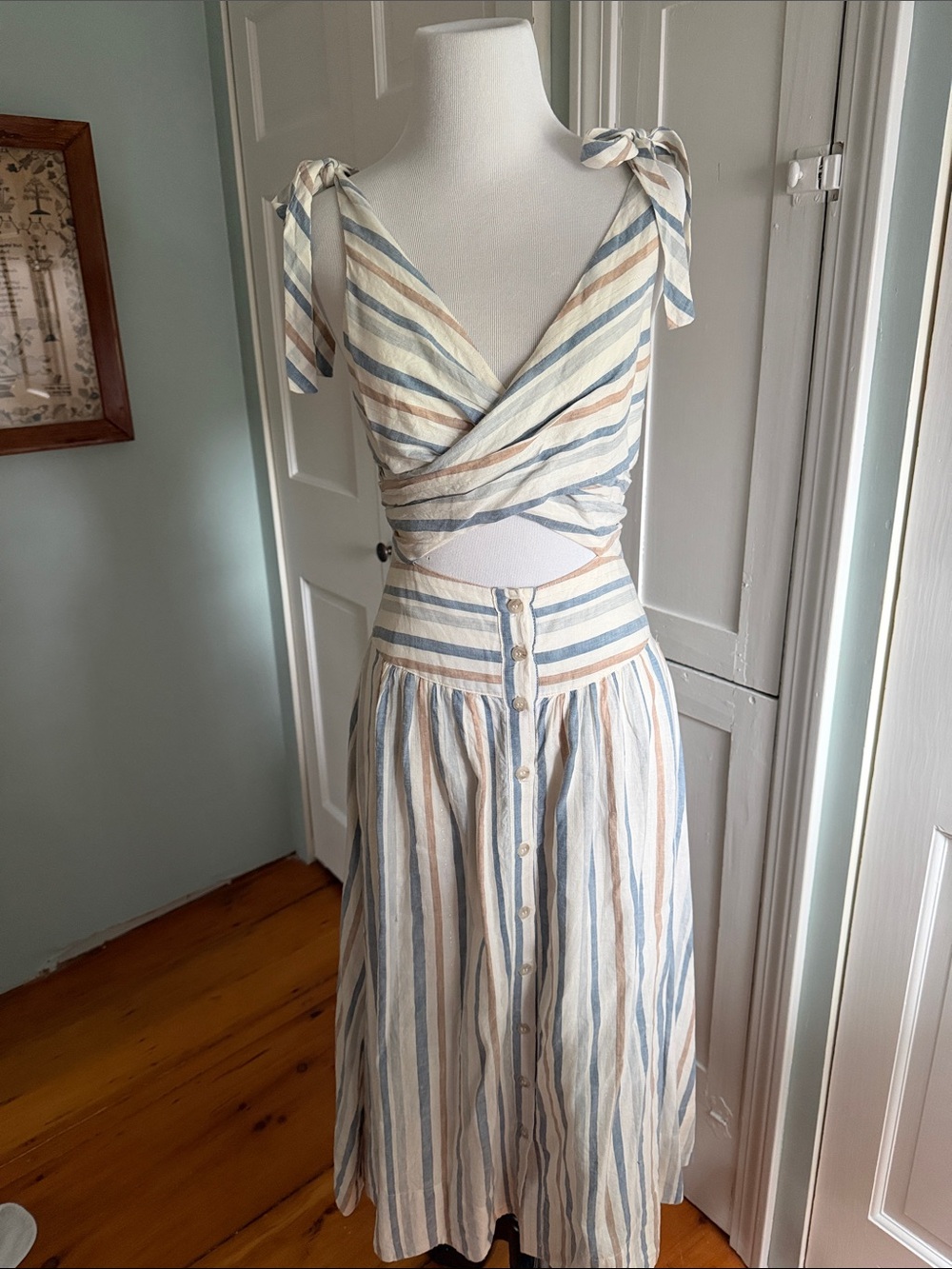 Free People Summer Striped Tie-Shoulder Midi Dress in Blue & Tan